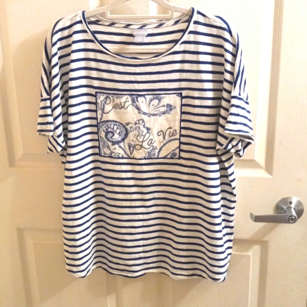 Chico's XL Tee " Cest La Vie" Blue/White Stripes CasualCotton Blend EUC
